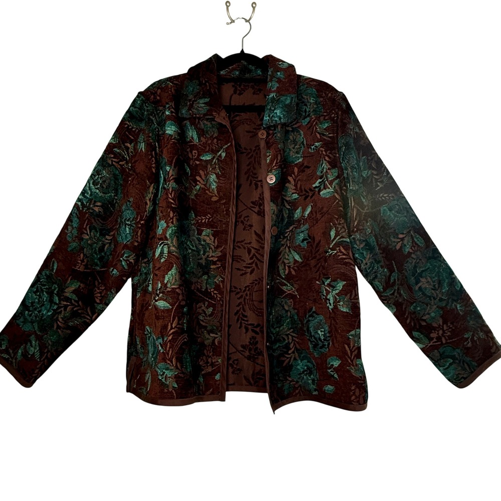 Coldwater Creek Reversible Tapestry Jacket PM Brown Teal Floral Boho Velvet - Picture 1 of 9